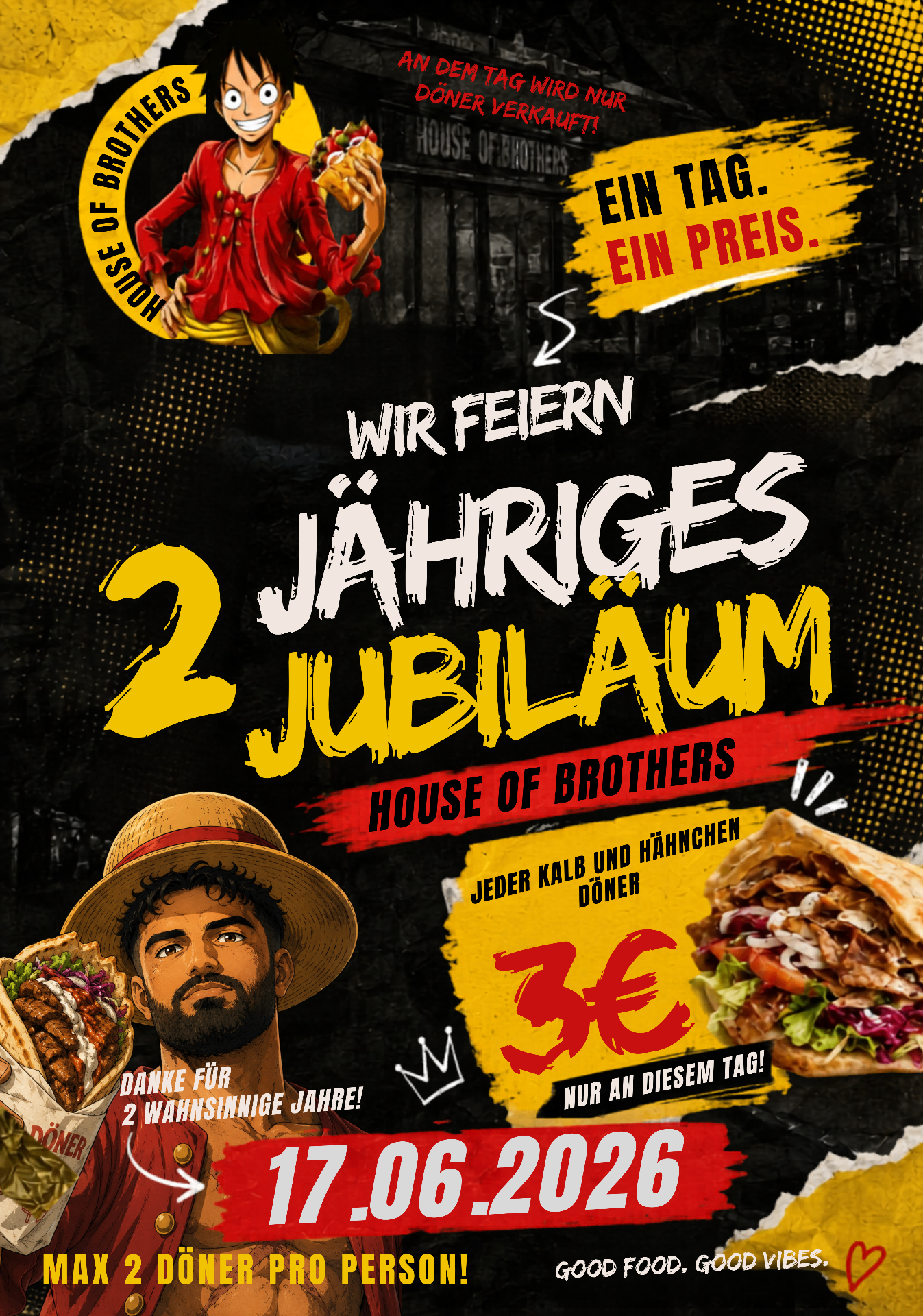 House of Brothers – 2 Jähriges Jubiläum Aktion Flyer, 17.06.2026, Döner für 3€